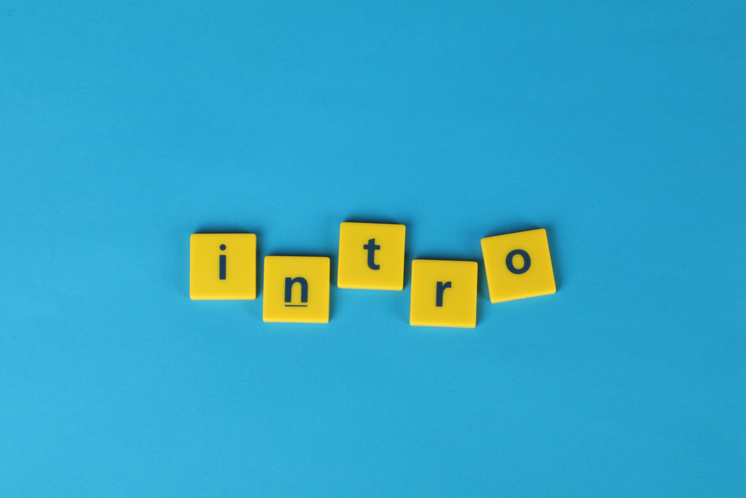 five yellow squares with letters INTRO on blue background