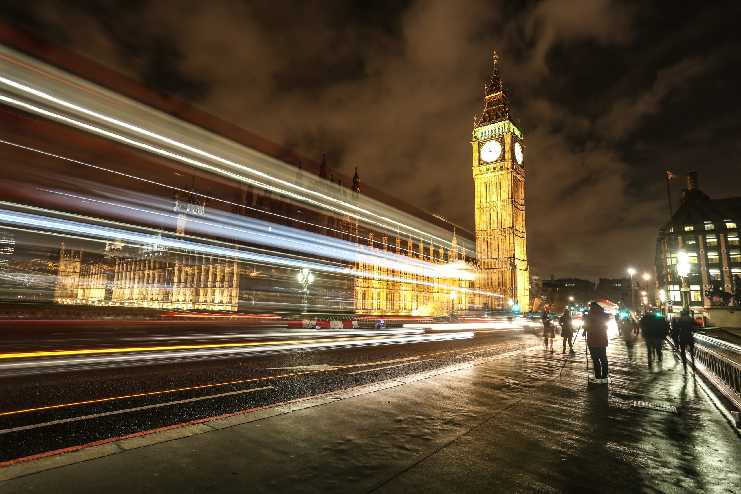 london nightime scene of road and Big Ben